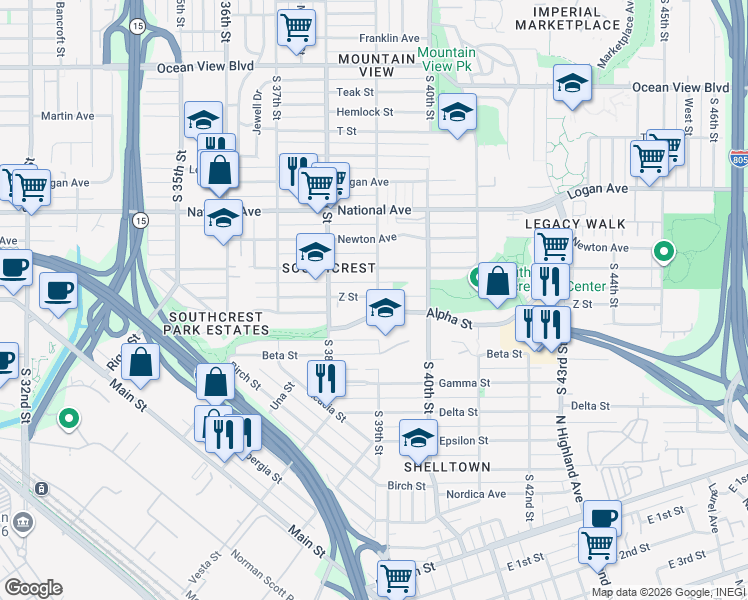 map of restaurants, bars, coffee shops, grocery stores, and more near 3863 Z Street in San Diego
