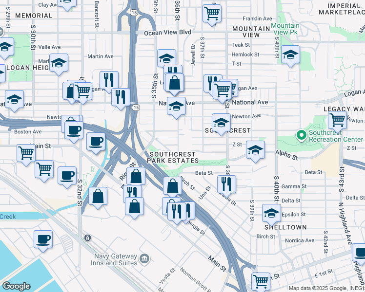 map of restaurants, bars, coffee shops, grocery stores, and more near 3555 Z Street in San Diego