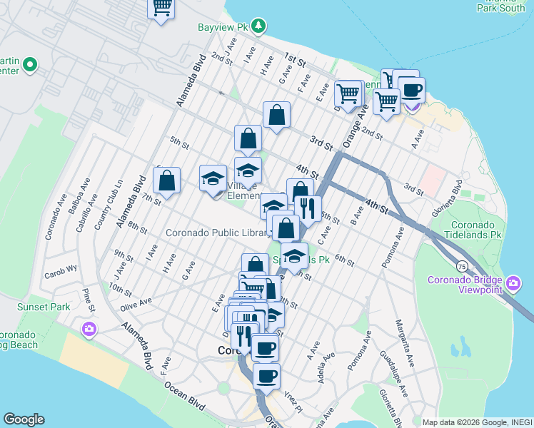 map of restaurants, bars, coffee shops, grocery stores, and more near 907 6th Street in Coronado