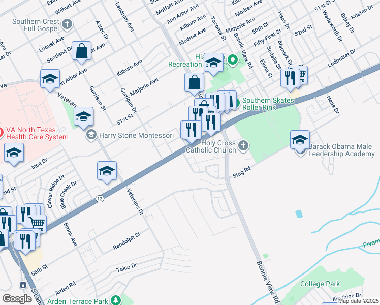 map of restaurants, bars, coffee shops, grocery stores, and more near 4920 Corrigan Avenue in Dallas