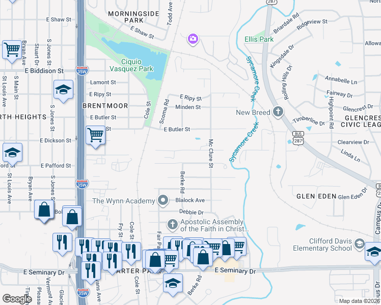 map of restaurants, bars, coffee shops, grocery stores, and more near 1220 Elva Warren Street in Fort Worth