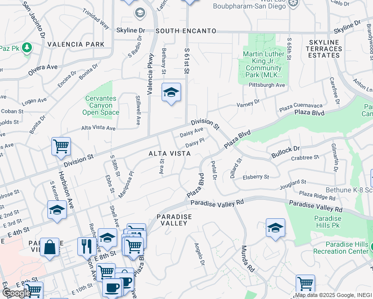 map of restaurants, bars, coffee shops, grocery stores, and more near 6027 Daisy Place in San Diego