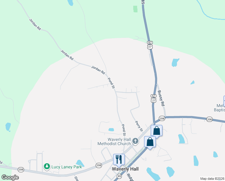 map of restaurants, bars, coffee shops, grocery stores, and more near 515 Pond Street in Waverly Hall