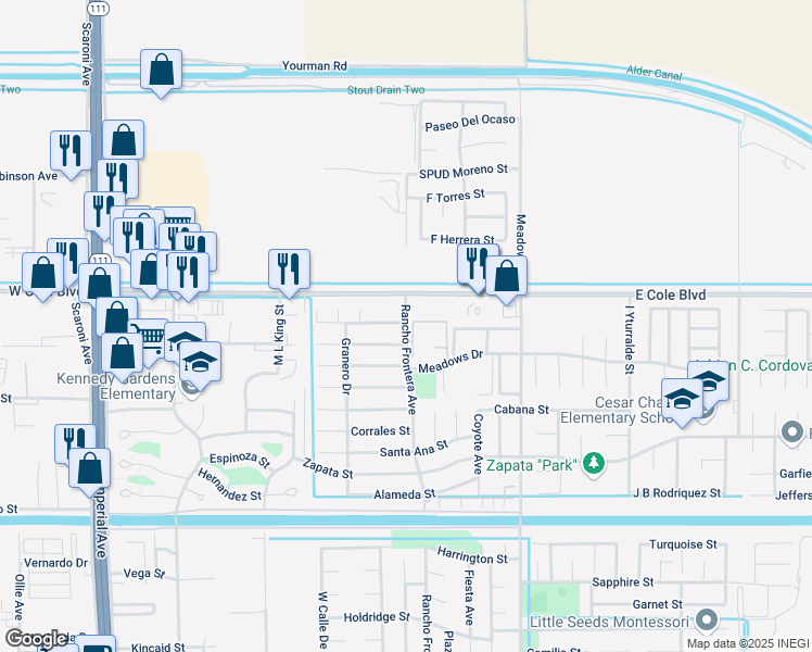 map of restaurants, bars, coffee shops, grocery stores, and more near 2420 Rancho Frontera Avenue in Calexico