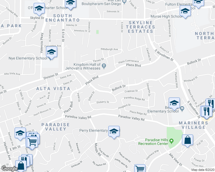 map of restaurants, bars, coffee shops, grocery stores, and more near 6396 Gallegos Terrace in San Diego