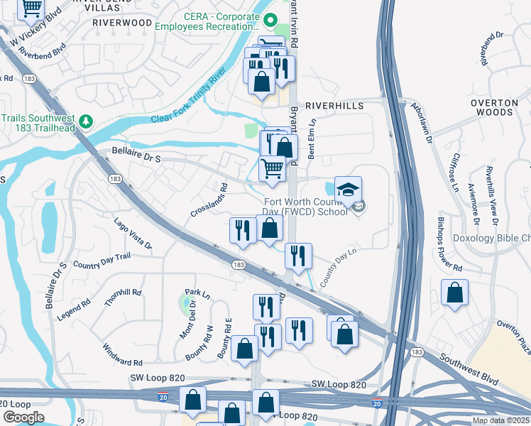map of restaurants, bars, coffee shops, grocery stores, and more near 5501 Crosscreek Lane in Fort Worth