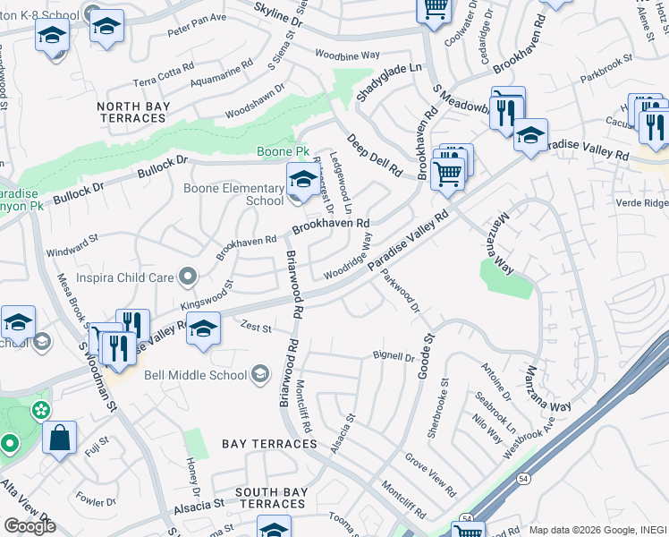 map of restaurants, bars, coffee shops, grocery stores, and more near 7385 Woodridge Way in San Diego