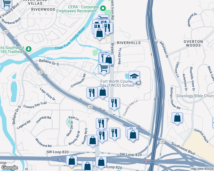 map of restaurants, bars, coffee shops, grocery stores, and more near 5501 Crosscreek Lane in Fort Worth