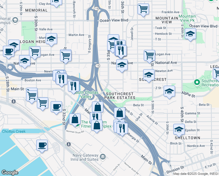 map of restaurants, bars, coffee shops, grocery stores, and more near in San Diego