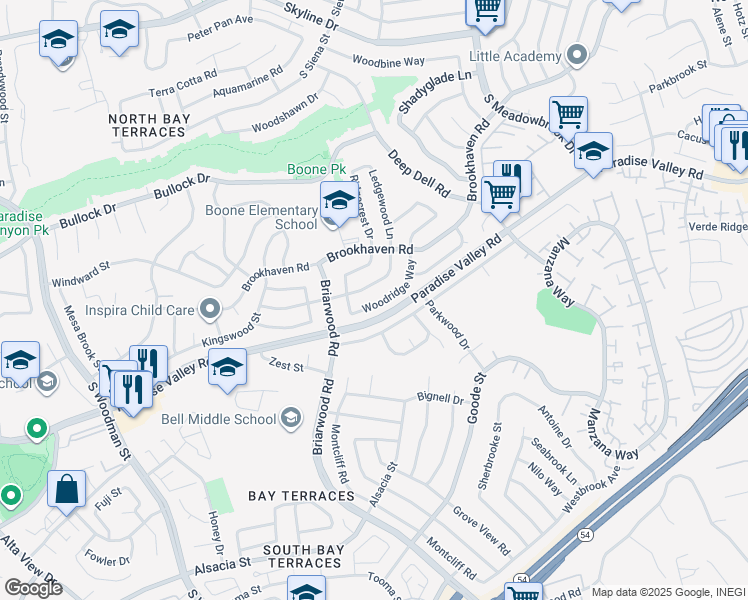 map of restaurants, bars, coffee shops, grocery stores, and more near 7385 Woodridge Way in San Diego