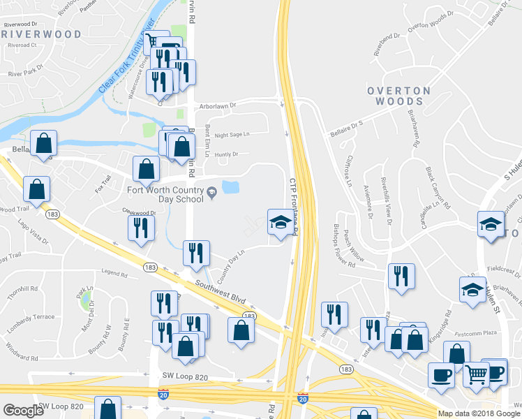 map of restaurants, bars, coffee shops, grocery stores, and more near 4200 Country Day Lane in Fort Worth