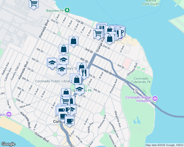 map of restaurants, bars, coffee shops, grocery stores, and more near 1211 5th Street in Coronado