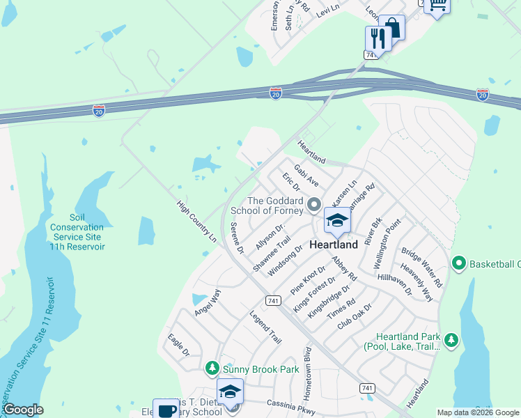 map of restaurants, bars, coffee shops, grocery stores, and more near 2023 Samantha Lane in Forney