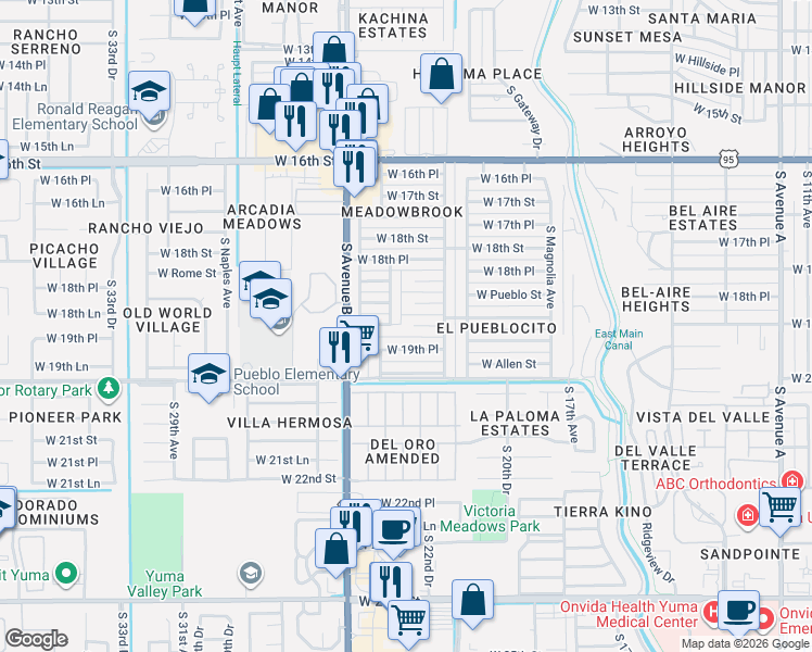 map of restaurants, bars, coffee shops, grocery stores, and more near 2246 West 19th Place in Yuma