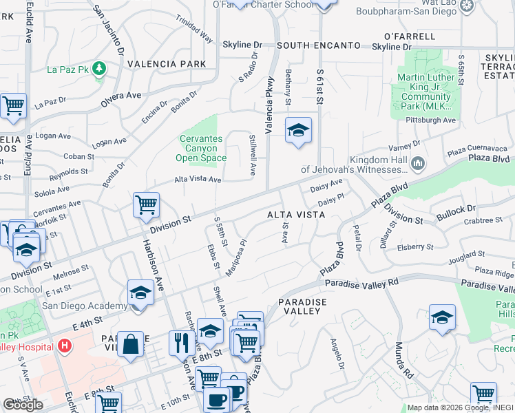 map of restaurants, bars, coffee shops, grocery stores, and more near 5862 East 4th Street in San Diego