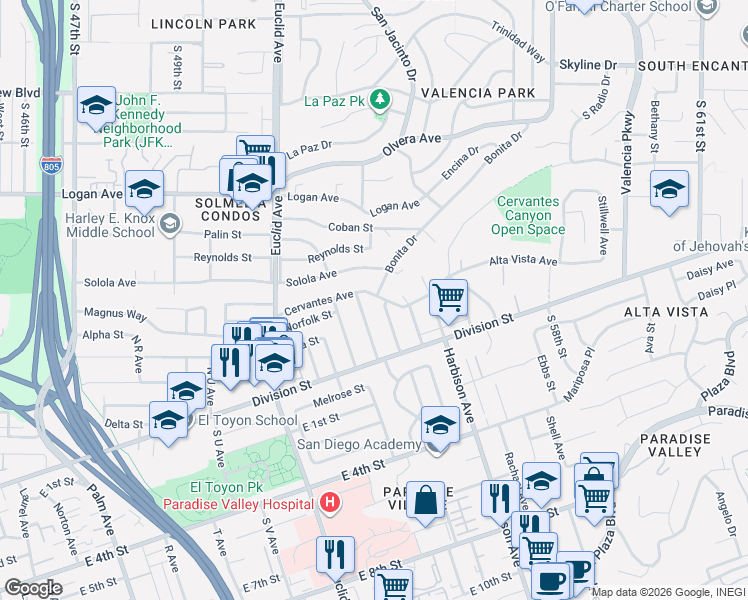 map of restaurants, bars, coffee shops, grocery stores, and more near 143 North Drexel Avenue in National City