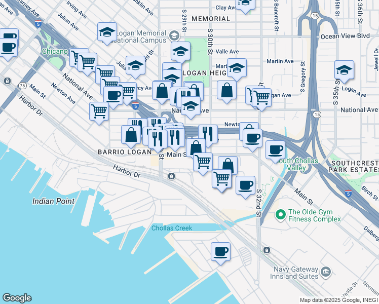 map of restaurants, bars, coffee shops, grocery stores, and more near in San Diego