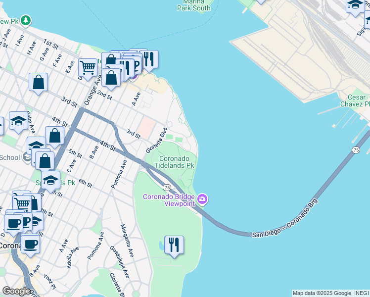 map of restaurants, bars, coffee shops, grocery stores, and more near Access Rd in Coronado