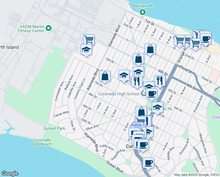 map of restaurants, bars, coffee shops, grocery stores, and more near 701 H Avenue in Coronado