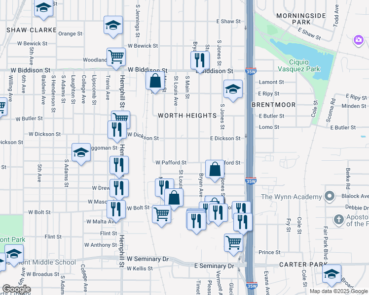 map of restaurants, bars, coffee shops, grocery stores, and more near 3827 South Main Street in Fort Worth
