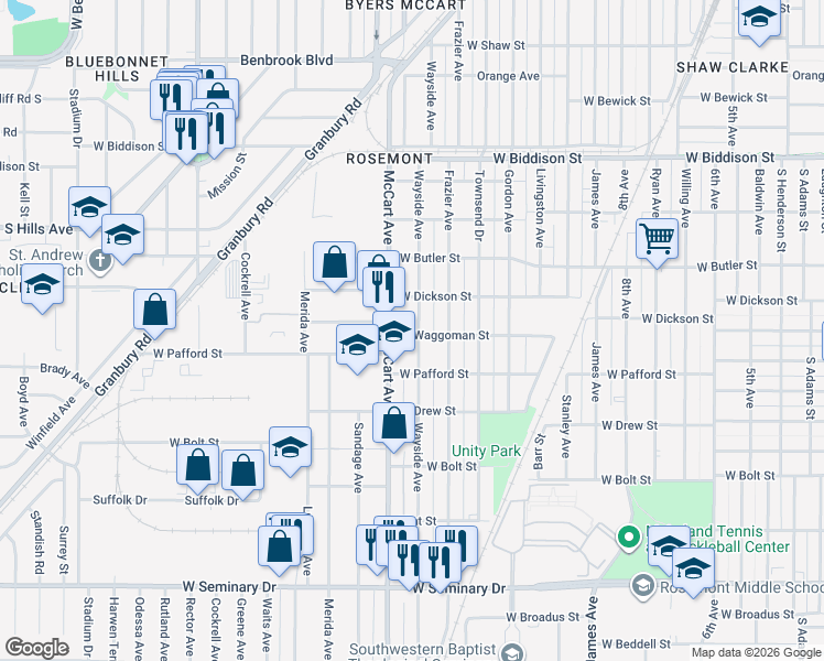 map of restaurants, bars, coffee shops, grocery stores, and more near 3805 Wayside Avenue in Fort Worth