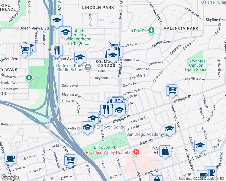 map of restaurants, bars, coffee shops, grocery stores, and more near 5044 Pelusa Street in San Diego