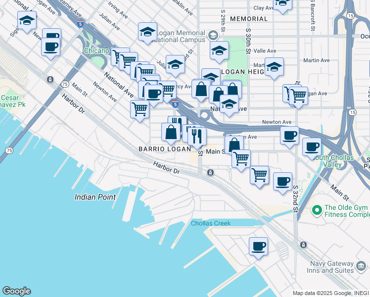 map of restaurants, bars, coffee shops, grocery stores, and more near 1345 South 27th Street in San Diego