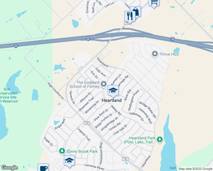 map of restaurants, bars, coffee shops, grocery stores, and more near 2004 Abbey Road in Forney