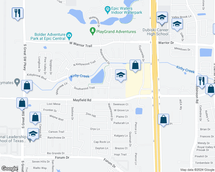 map of restaurants, bars, coffee shops, grocery stores, and more near 2004 Southwood Trail in Grand Prairie
