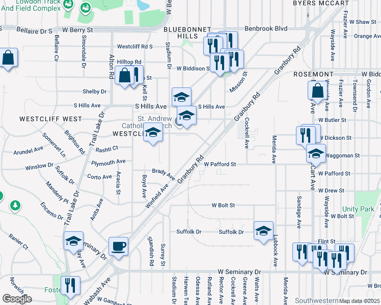 map of restaurants, bars, coffee shops, grocery stores, and more near 3900 Winfield Avenue in Fort Worth