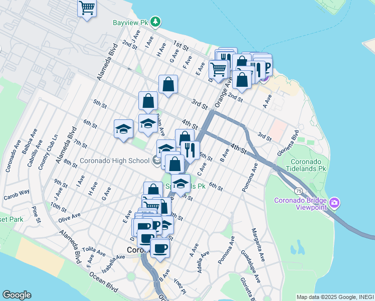 map of restaurants, bars, coffee shops, grocery stores, and more near in Coronado