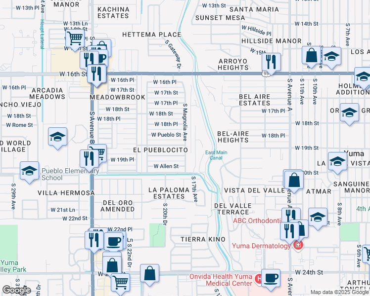 map of restaurants, bars, coffee shops, grocery stores, and more near 1913 S Magnolia Ave in Yuma