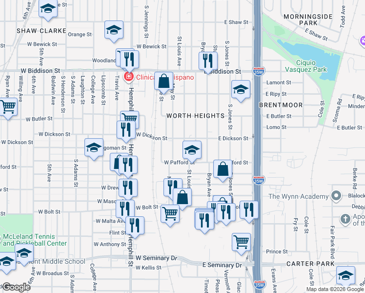 map of restaurants, bars, coffee shops, grocery stores, and more near 3828 Saint Louis Avenue in Fort Worth