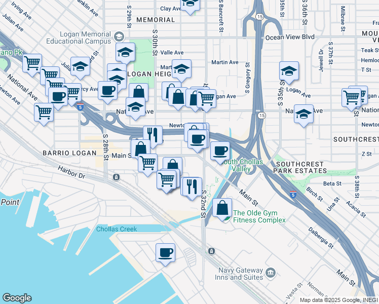 map of restaurants, bars, coffee shops, grocery stores, and more near in San Diego