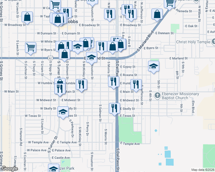 map of restaurants, bars, coffee shops, grocery stores, and more near 608 East Main Street in Hobbs