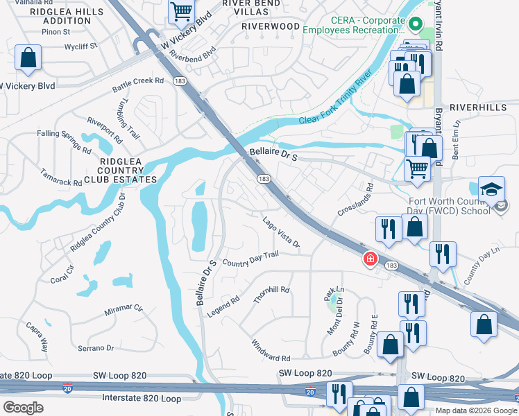 map of restaurants, bars, coffee shops, grocery stores, and more near 4105 Lake Breeze Court in Fort Worth
