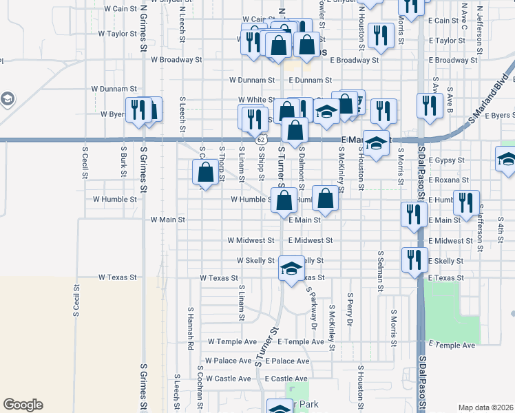 map of restaurants, bars, coffee shops, grocery stores, and more near 100-198 W Main St in Hobbs