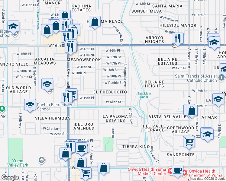 map of restaurants, bars, coffee shops, grocery stores, and more near 1909 West 19th Place in Yuma