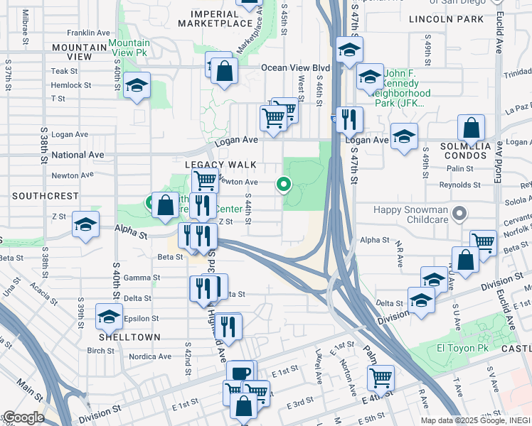 map of restaurants, bars, coffee shops, grocery stores, and more near 4451 Z Street in San Diego