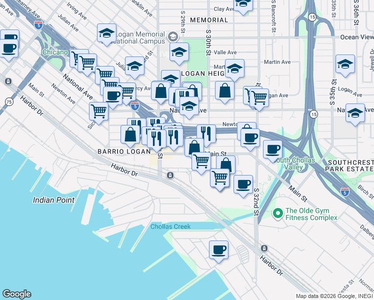 map of restaurants, bars, coffee shops, grocery stores, and more near in San Diego