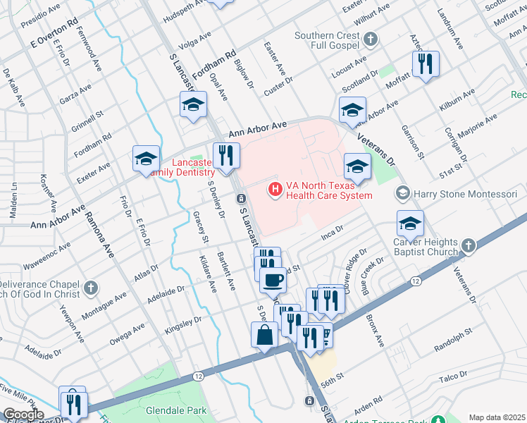 map of restaurants, bars, coffee shops, grocery stores, and more near Saint Croix Drive in Dallas