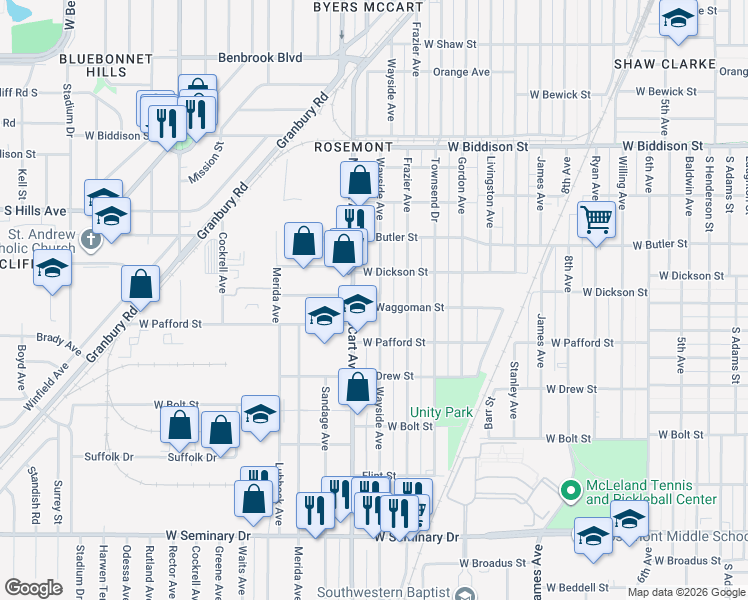 map of restaurants, bars, coffee shops, grocery stores, and more near 3805 Wayside Avenue in Fort Worth
