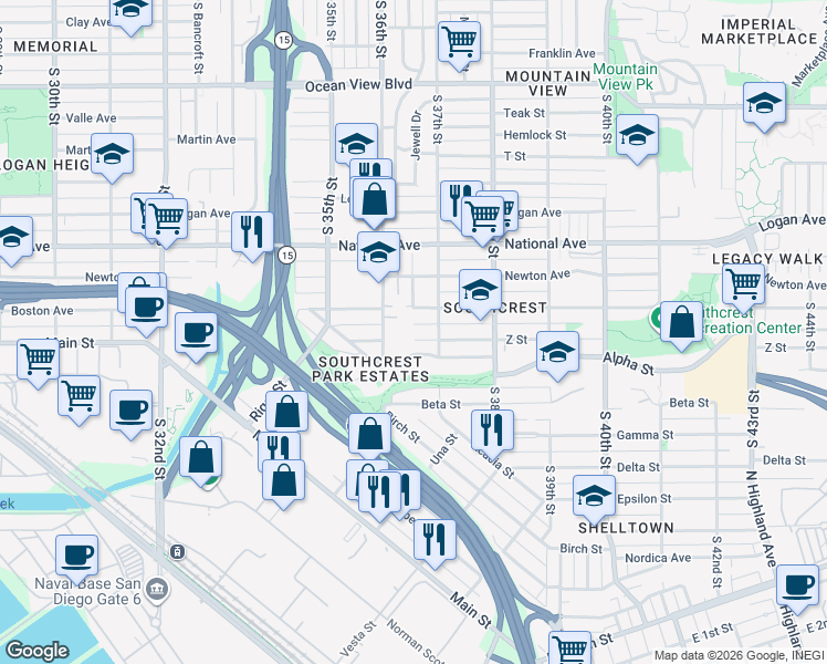 map of restaurants, bars, coffee shops, grocery stores, and more near 3652-56 Z Street in San Diego