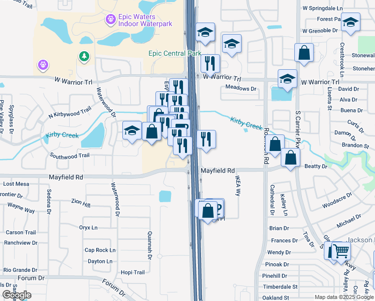 map of restaurants, bars, coffee shops, grocery stores, and more near State Highway 161 in Grand Prairie