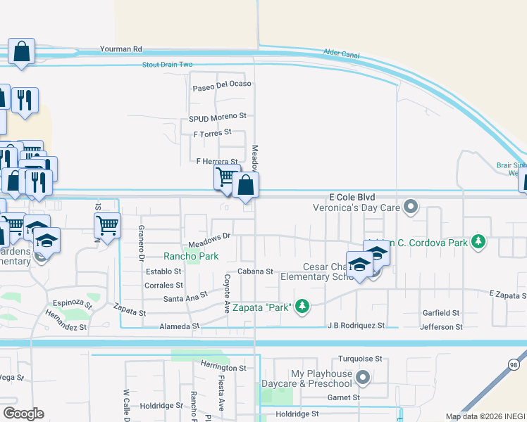 map of restaurants, bars, coffee shops, grocery stores, and more near 2301 Andrade Avenue in Calexico