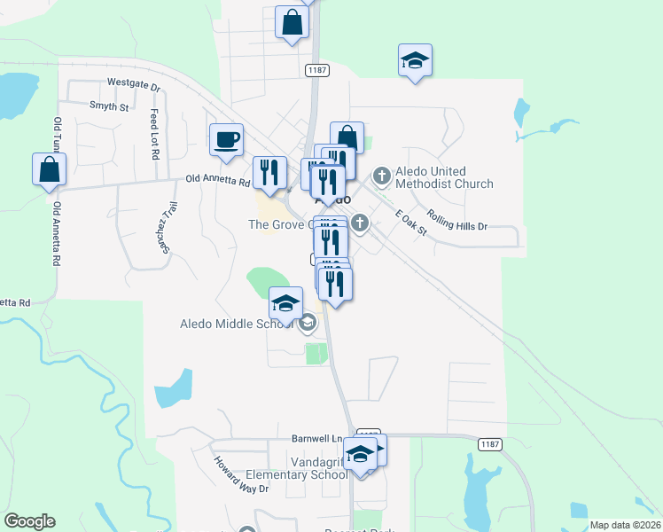 map of restaurants, bars, coffee shops, grocery stores, and more near 311 Farm to Market 1187 in Aledo