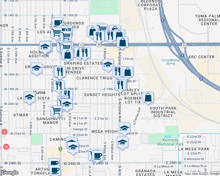 map of restaurants, bars, coffee shops, grocery stores, and more near 1945 South Maple Avenue in Yuma