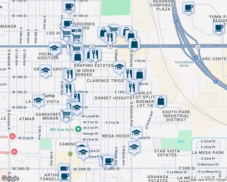 map of restaurants, bars, coffee shops, grocery stores, and more near 1945 South Maple Avenue in Yuma