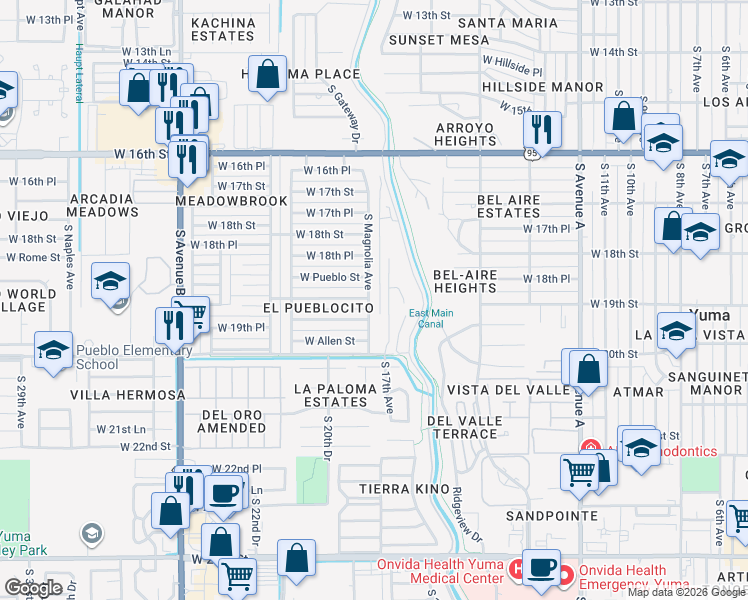 map of restaurants, bars, coffee shops, grocery stores, and more near 1913 South Magnolia Avenue in Yuma
