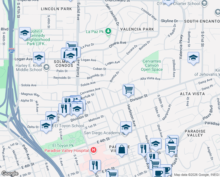 map of restaurants, bars, coffee shops, grocery stores, and more near 143 North Drexel Avenue in National City